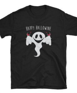 Happy Hallowine Ghost Drinking Wine Halloween Unisex T Shirt