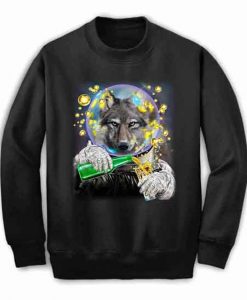 Grey Wolf as Astronaut in Space Enjoying Drink - Sweatshirt, Unisex