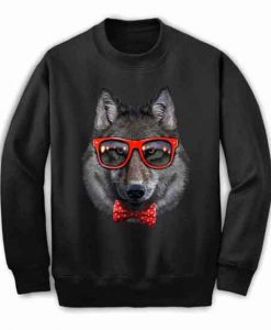 Grey Wolf in Red Retro Sunglass and Bow Tie - Sweatshirt, Unisex