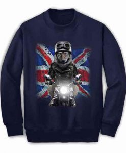 Grey Wolf on Bike with Flag of United Kingdom - Sweatshirt, Unisex