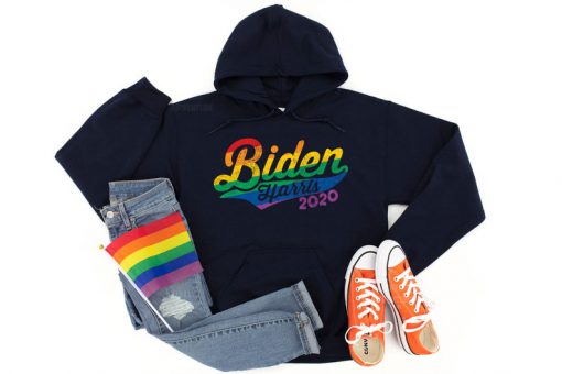 Biden Harris 2020 Hooded Sweatshirt Rainbow Pride LGBTQ+ Flag Baseball Vintage Logo Unisex Hoodie