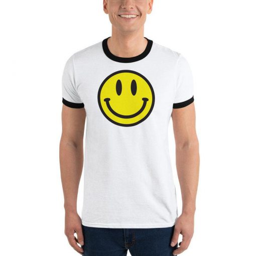 Vintage Smiley Face T-shirt, Yellow House Rave Music, Men Women Unisex Adult Emoji Shirt Gift Ringer T-Shirt